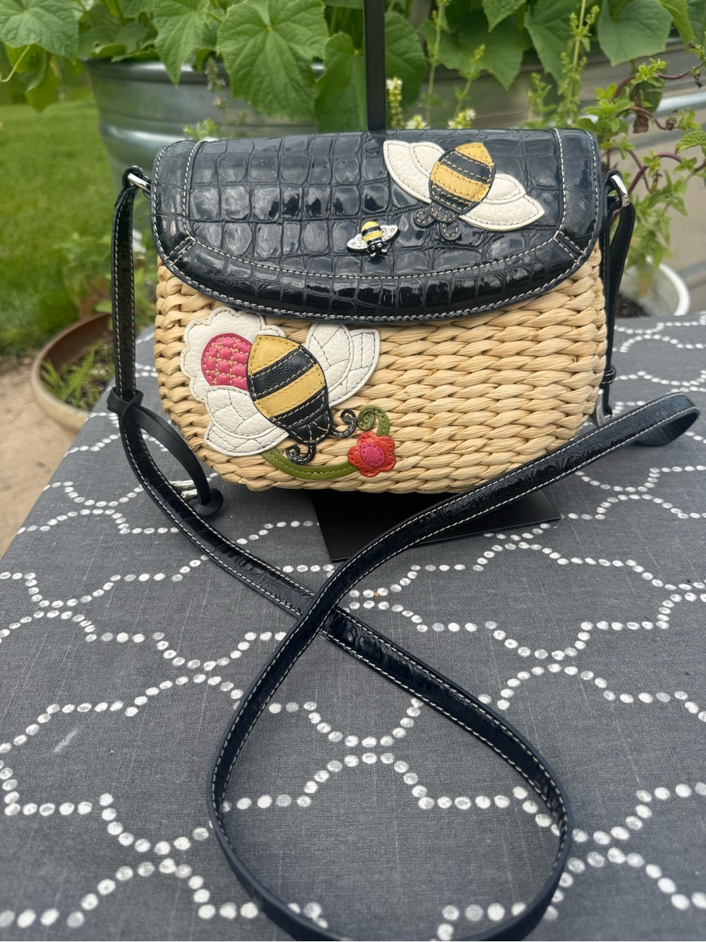 EUC Brighton Woven Crossbody with Black Faux-Croc Flap and Bee Appliqués